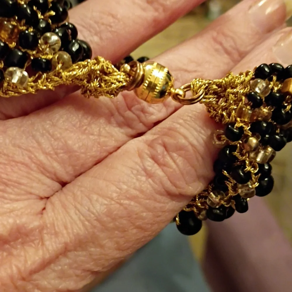 Vintage Black and Gold Beaded Bracelet Sewed With Elastic Thread.